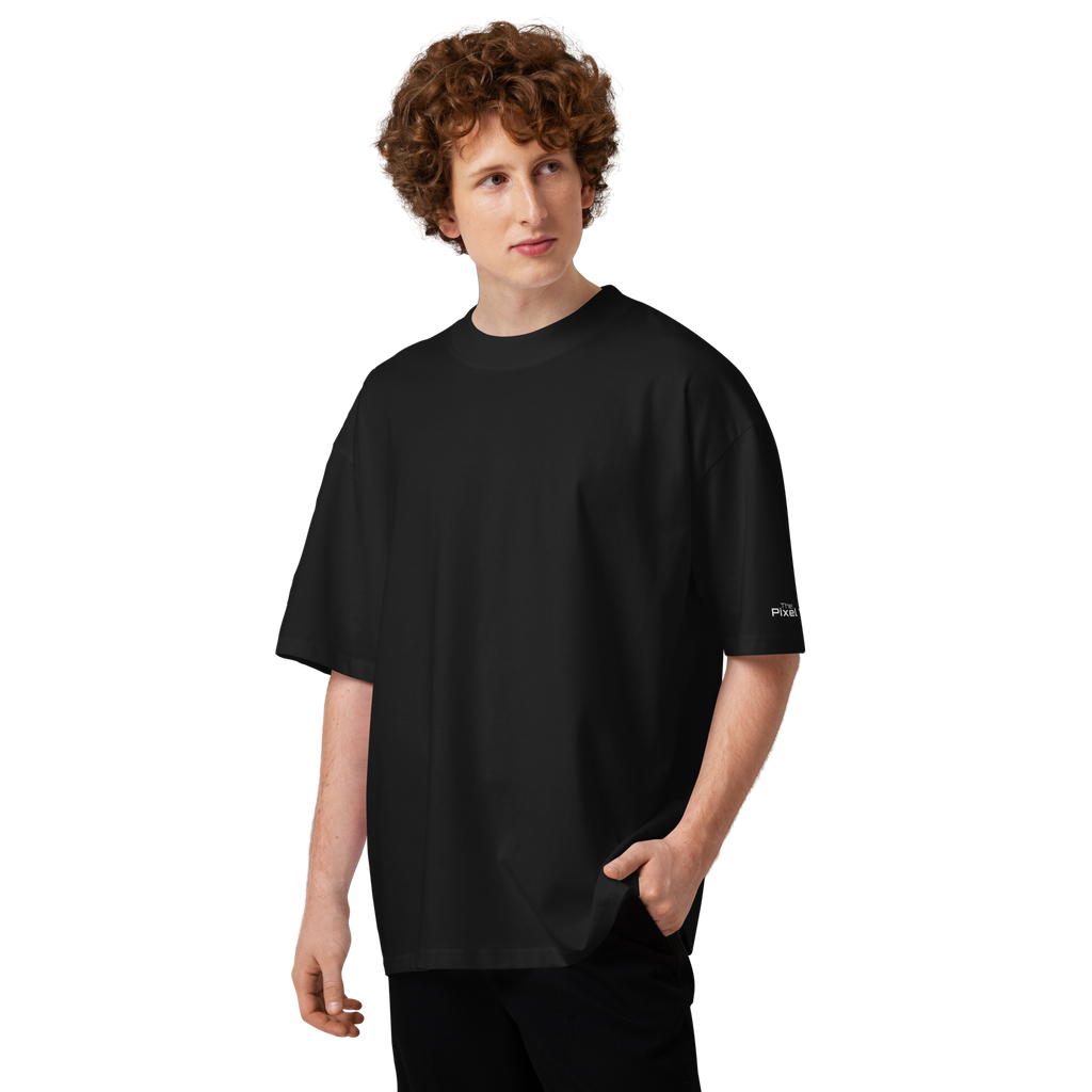 Black oversized organic high neck t-shirt lifestyle front view worn by model – The Pixel Wolf