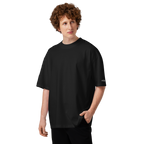 Black oversized organic high neck t-shirt lifestyle front view worn by model – The Pixel Wolf