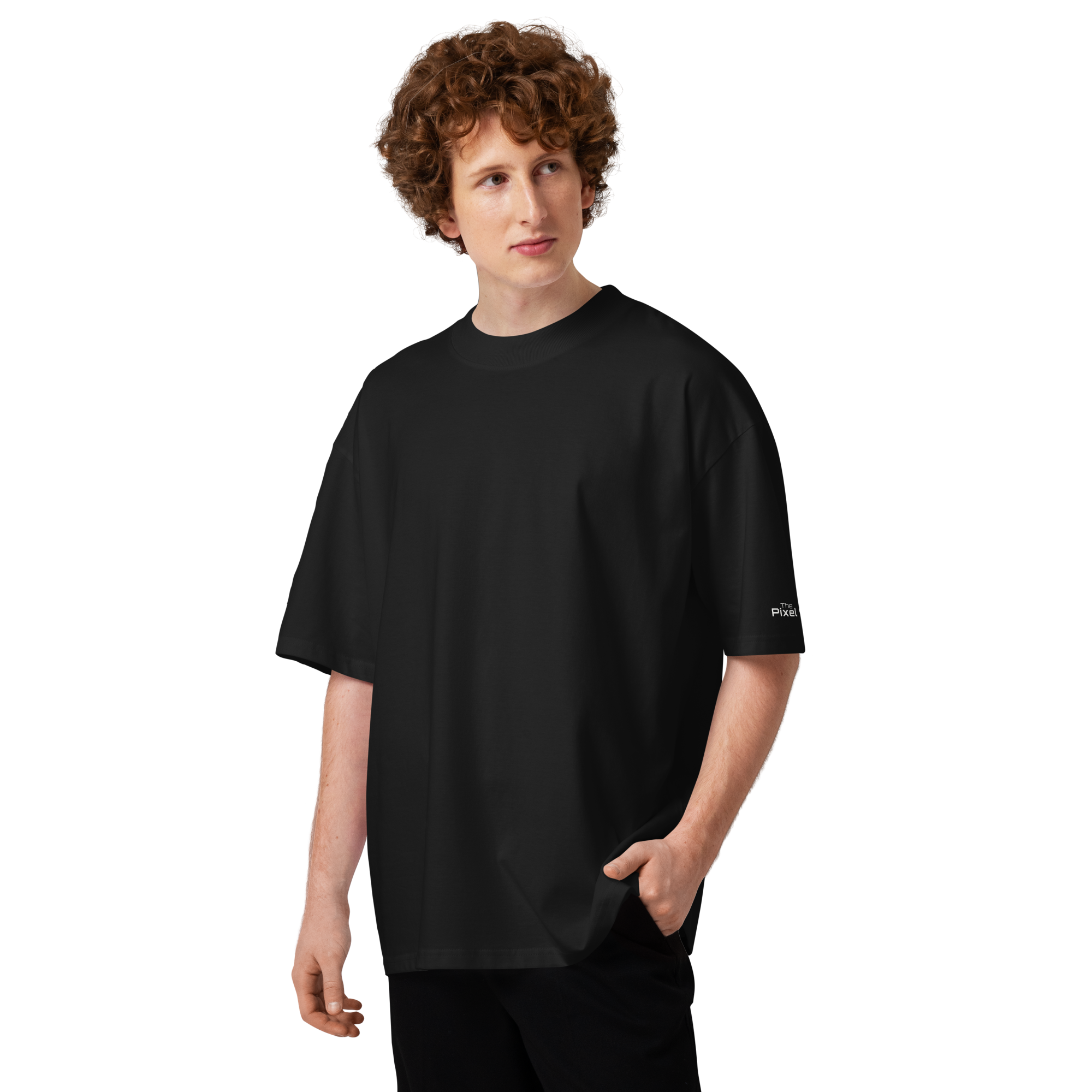 Black oversized organic high neck t-shirt lifestyle front view worn by model – The Pixel Wolf