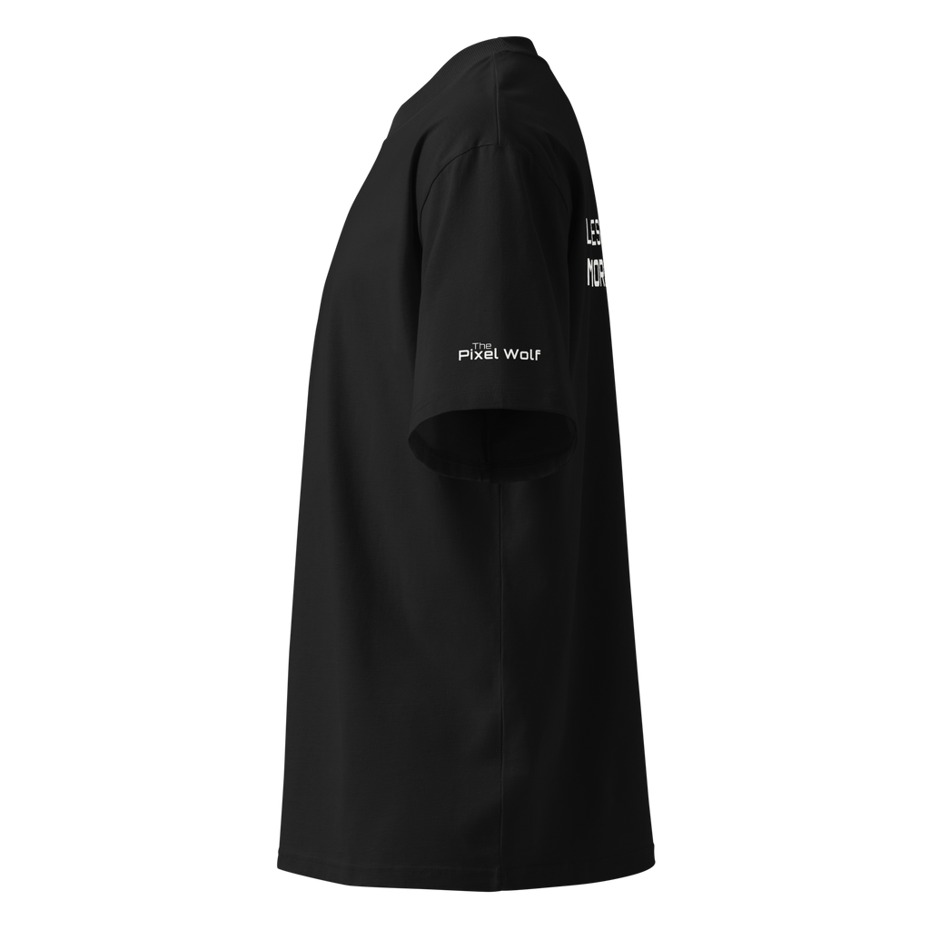 Black oversized organic high neck t-shirt left side view with sleeve logo detail – The Pixel Wolf