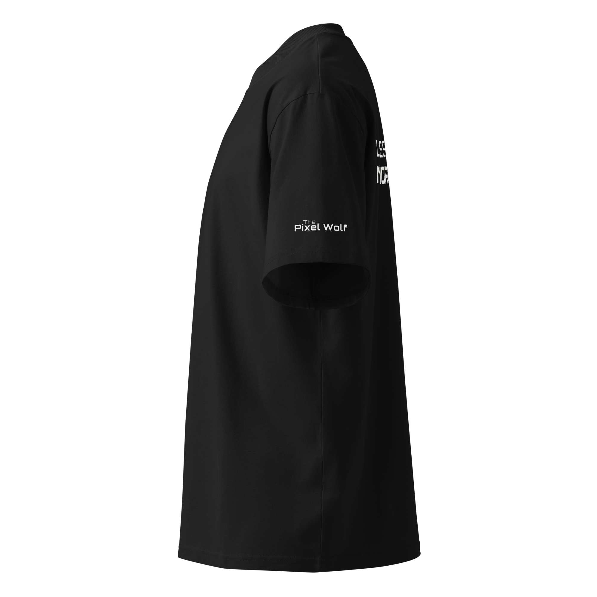 Black oversized organic high neck t-shirt left side view with sleeve logo detail – The Pixel Wolf