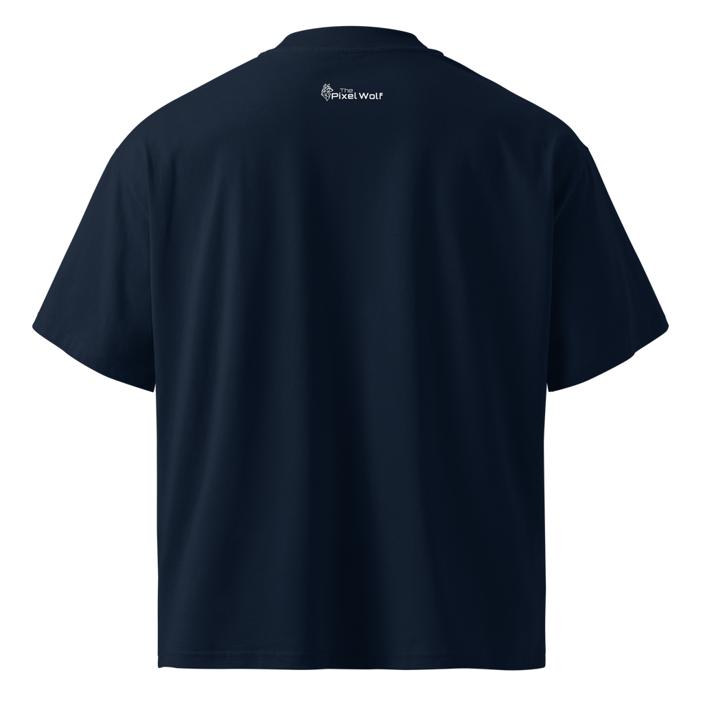 French Navy oversized organic high neck t-shirt back view with The Pixel Wolf logo