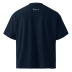 French Navy oversized organic high neck t-shirt back view with The Pixel Wolf logo