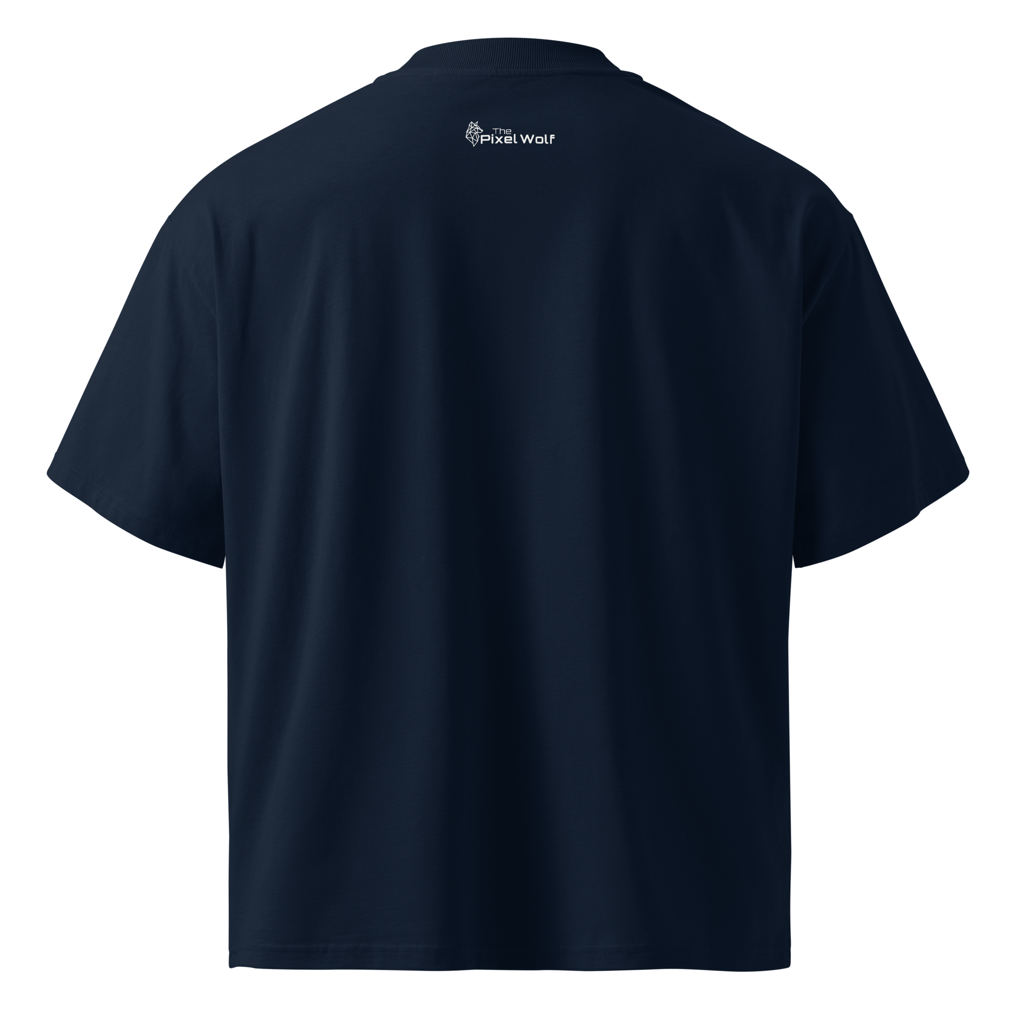 French Navy oversized organic high neck t-shirt back view with The Pixel Wolf logo