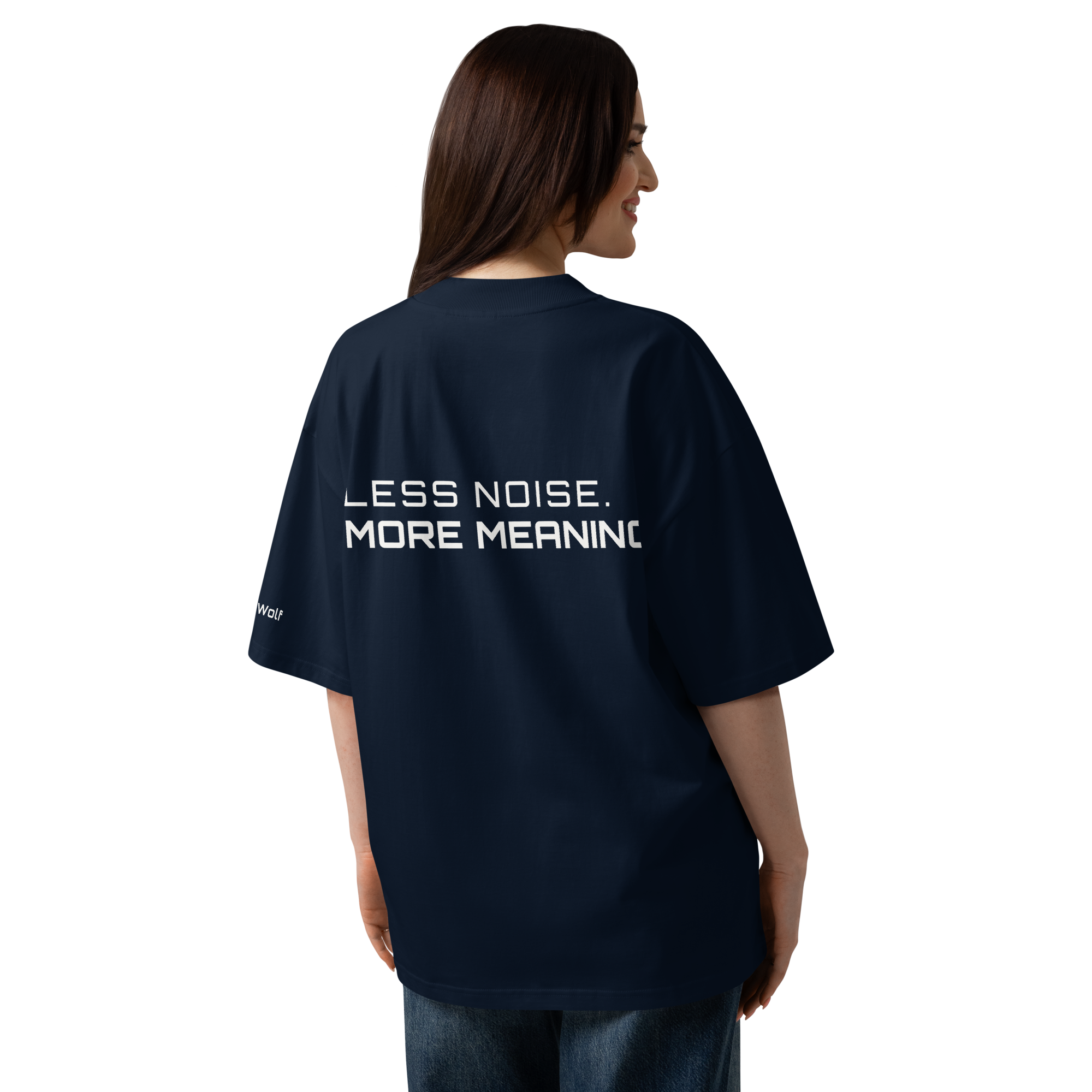 French Navy oversized organic high neck t-shirt lifestyle back view worn by model – The Pixel Wolf