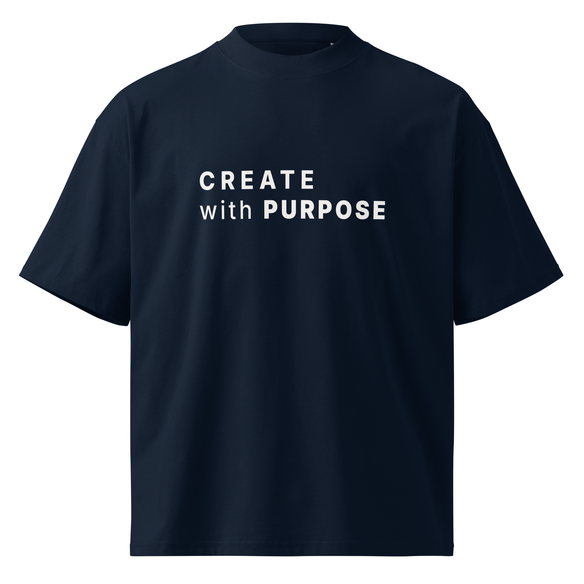 French Navy oversized organic high neck t-shirt front view with CREATE WITH PURPOSE print