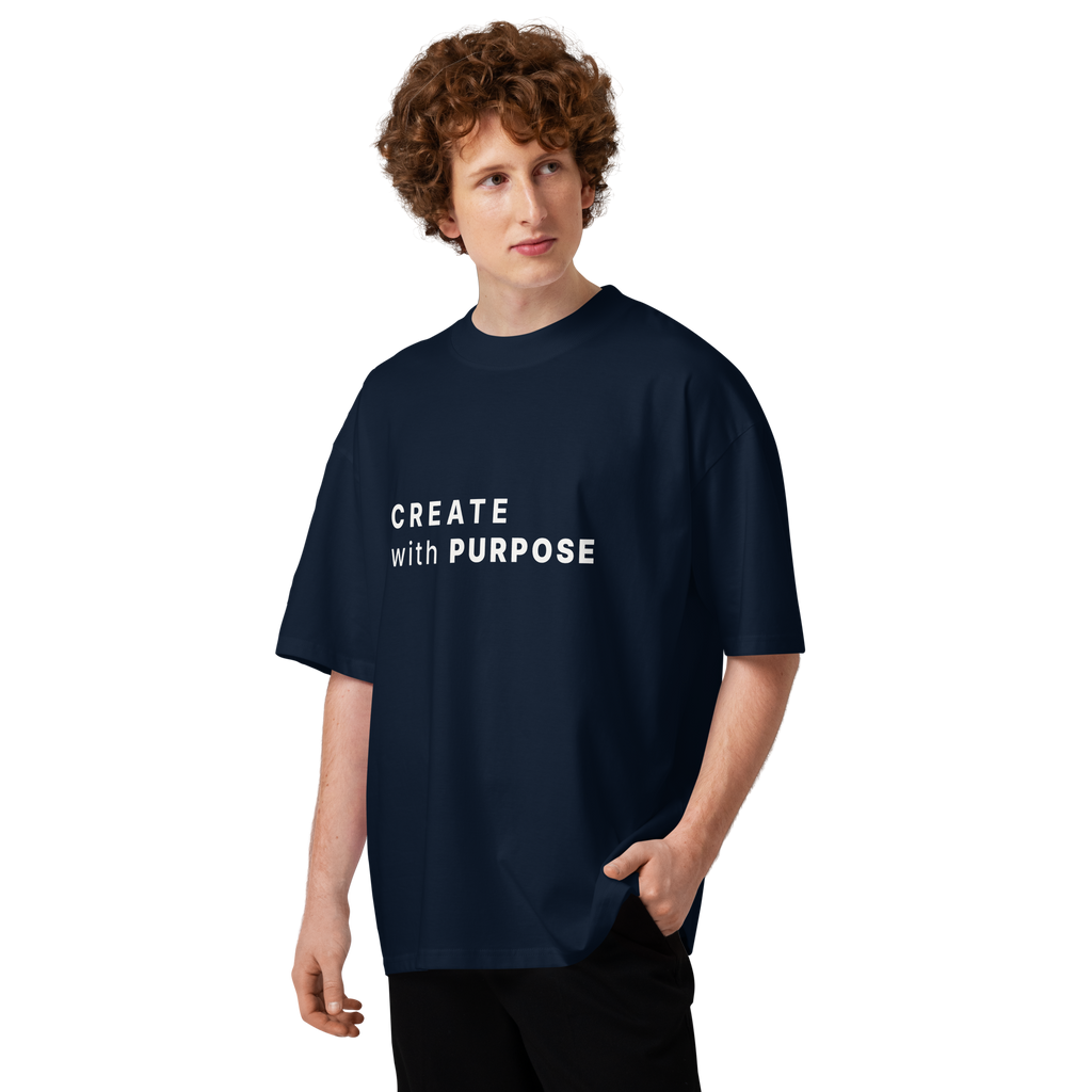 French Navy oversized organic high neck t-shirt lifestyle man wearing CREATE WITH PURPOSE