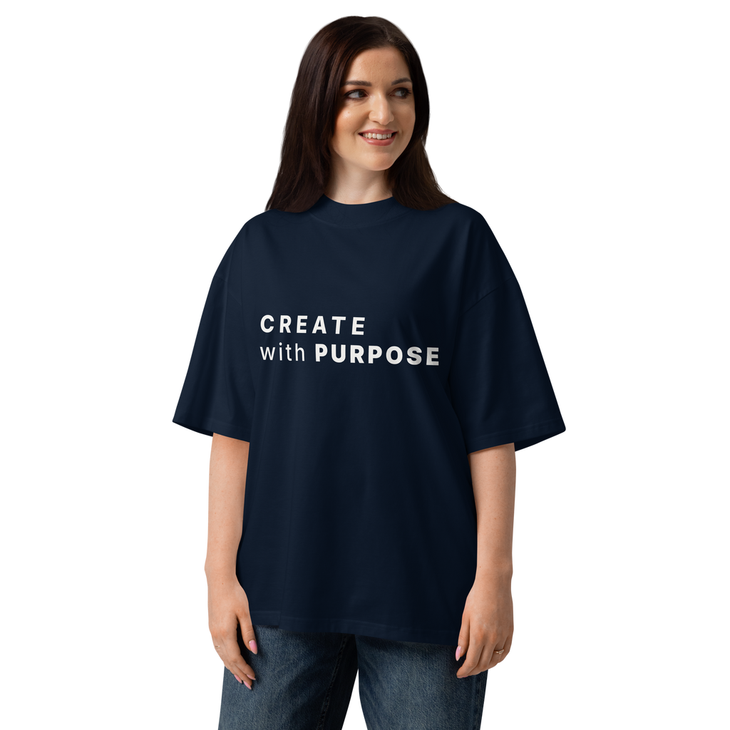 French Navy oversized organic high neck t-shirt lifestyle woman wearing CREATE WITH PURPOSE