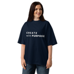 French Navy oversized organic high neck t-shirt lifestyle woman wearing CREATE WITH PURPOSE