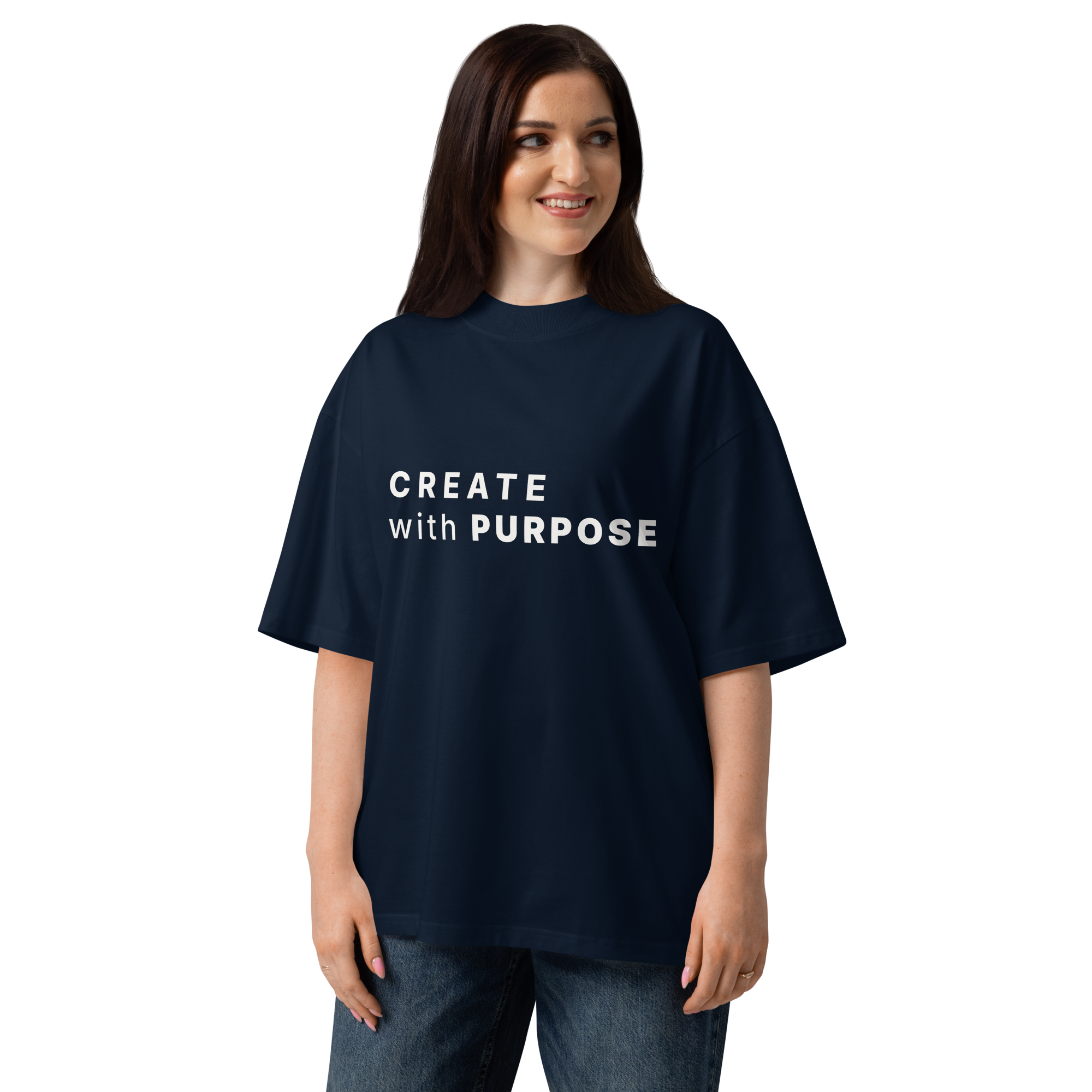 French Navy oversized organic high neck t-shirt lifestyle woman wearing CREATE WITH PURPOSE