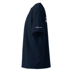 French Navy oversized organic high neck t-shirt left side view with sleeve logo detail – The Pixel Wolf