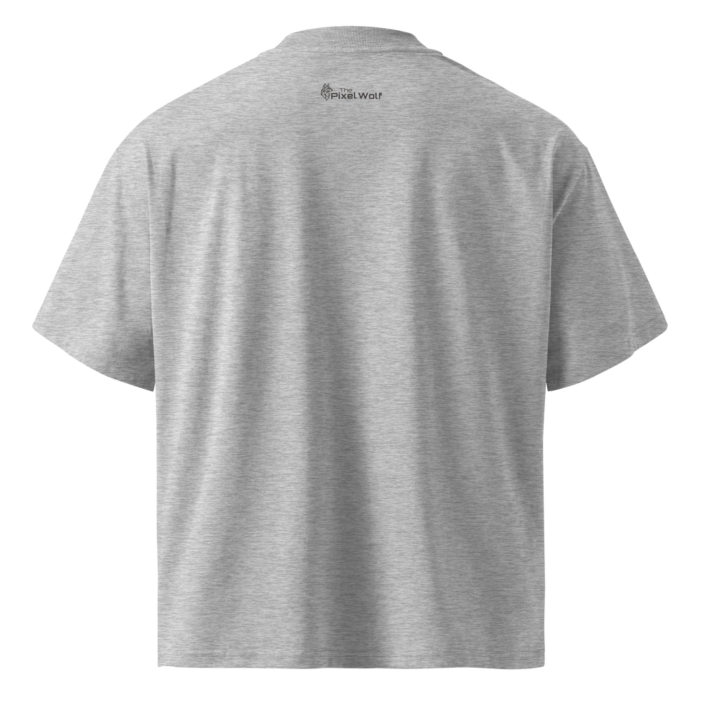 Heather Grey oversized organic high neck t-shirt back view with The Pixel Wolf logo