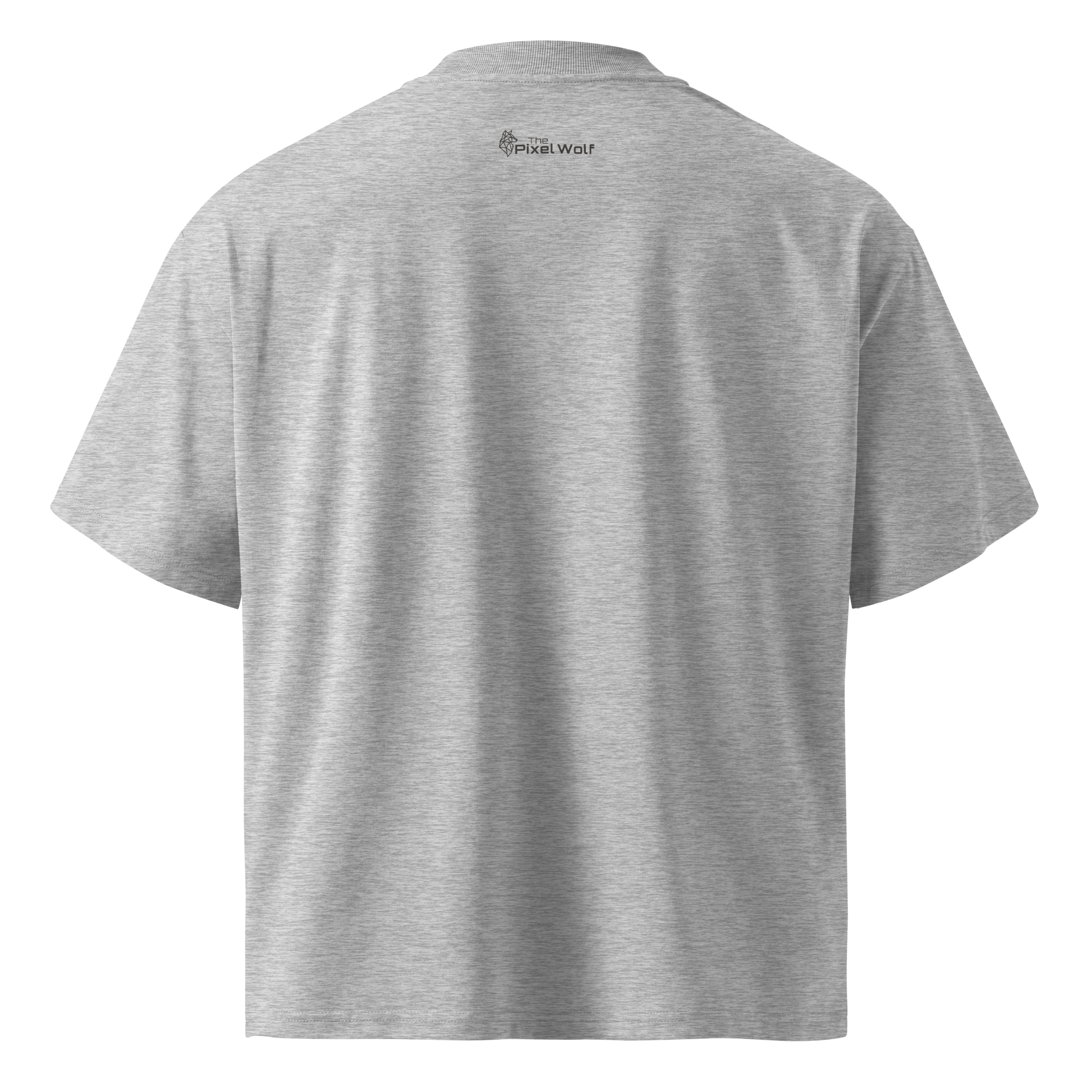 Heather Grey oversized organic high neck t-shirt back view with The Pixel Wolf logo