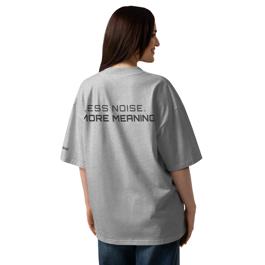 Heather Grey oversized organic high neck t-shirt lifestyle back view worn by model – The Pixel Wolf