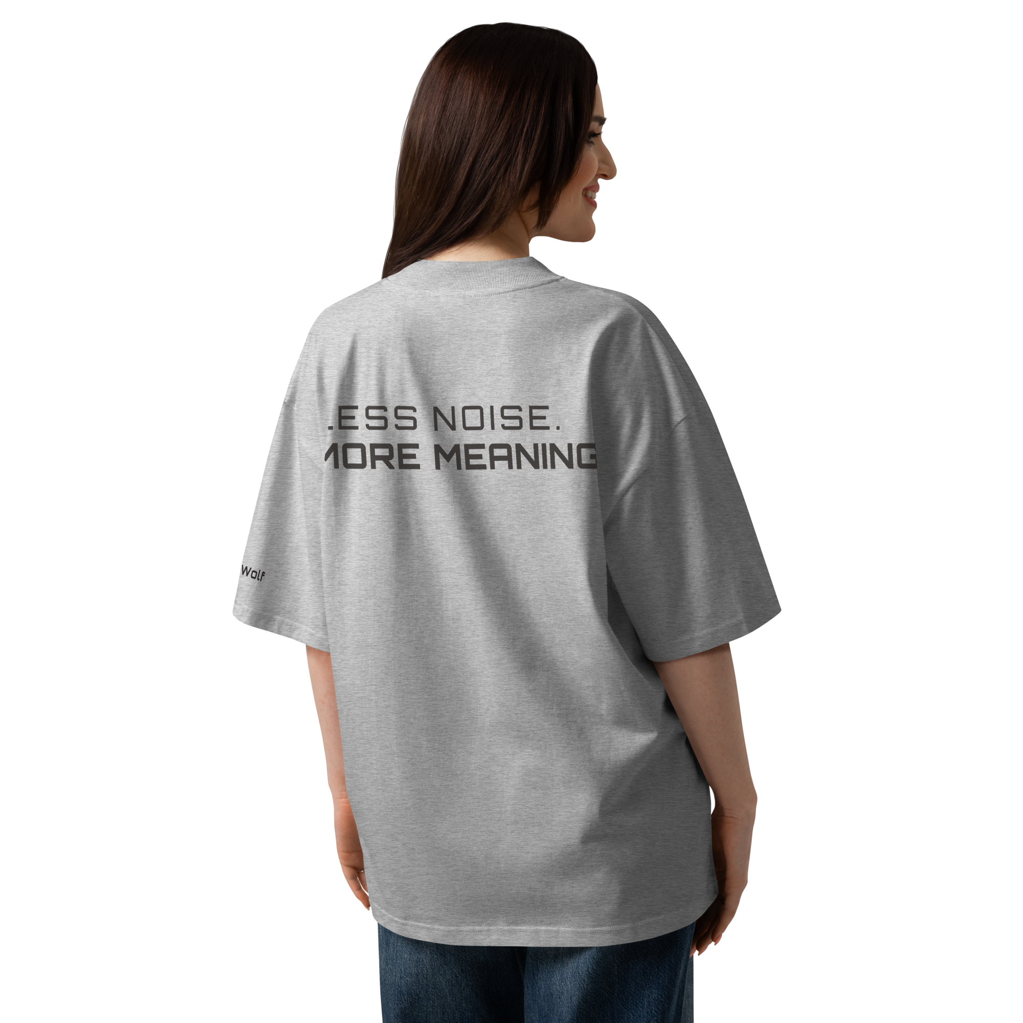 Heather Grey oversized organic high neck t-shirt lifestyle back view worn by model – The Pixel Wolf