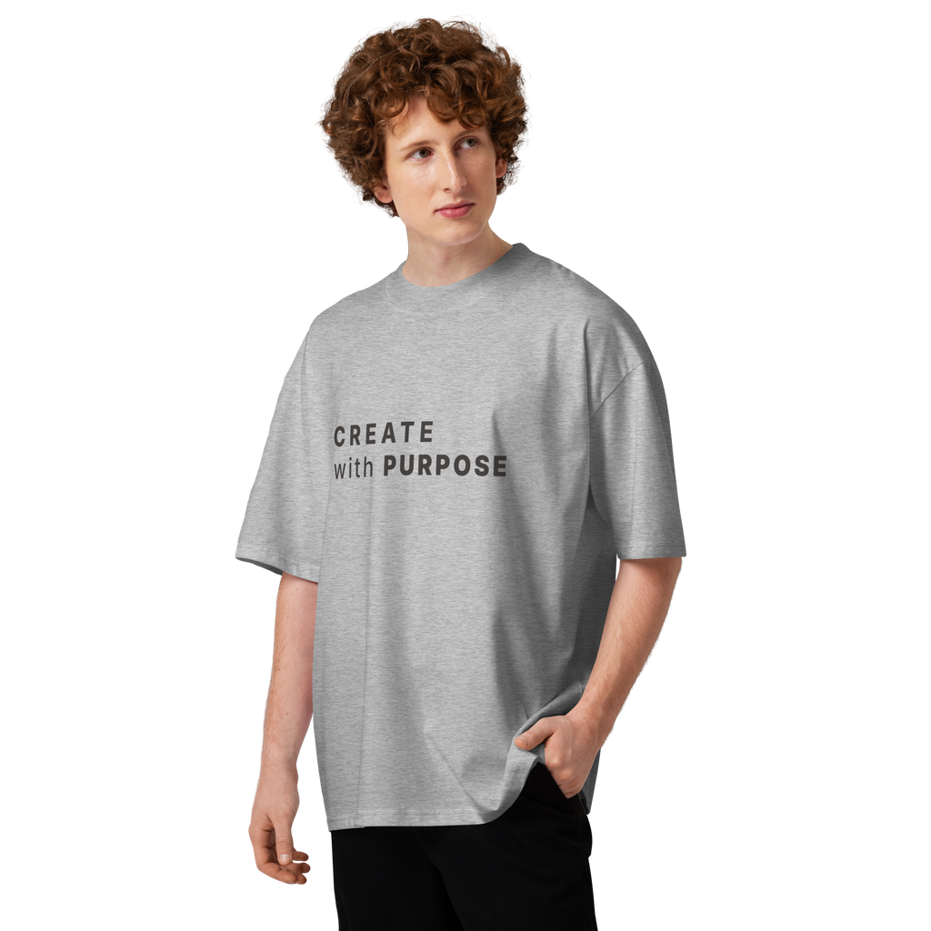 Heather Grey oversized organic high neck t-shirt lifestyle man wearing CREATE WITH PURPOSE