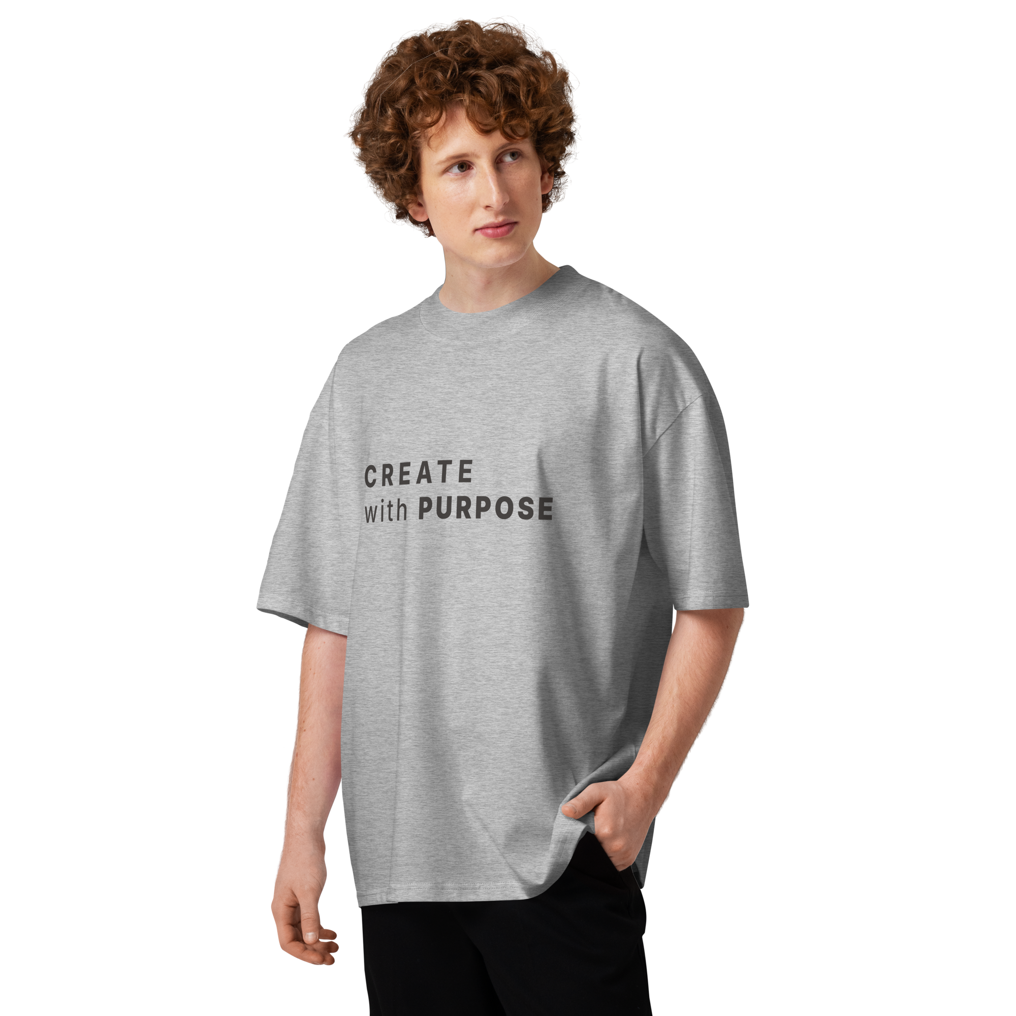 Heather Grey oversized organic high neck t-shirt lifestyle man wearing CREATE WITH PURPOSE
