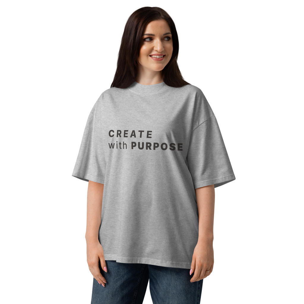 Heather Grey oversized organic high neck t-shirt lifestyle woman wearing CREATE WITH PURPOSE