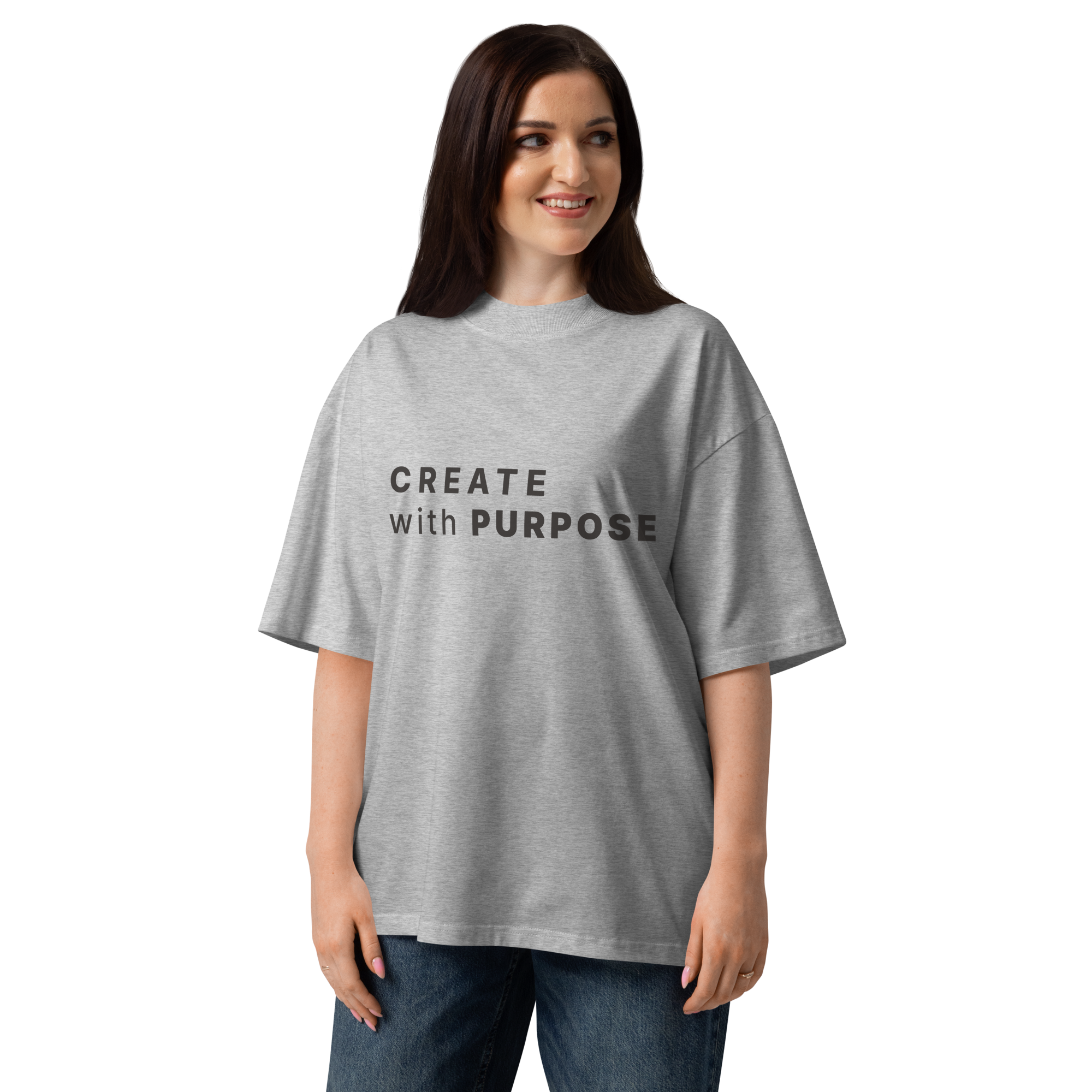 Heather Grey oversized organic high neck t-shirt lifestyle woman wearing CREATE WITH PURPOSE