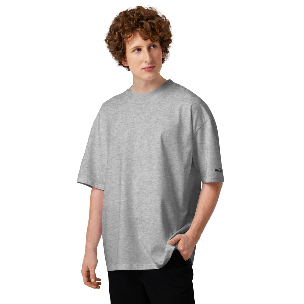 Heather Grey oversized organic high neck t-shirt lifestyle front view worn by model – The Pixel Wolf