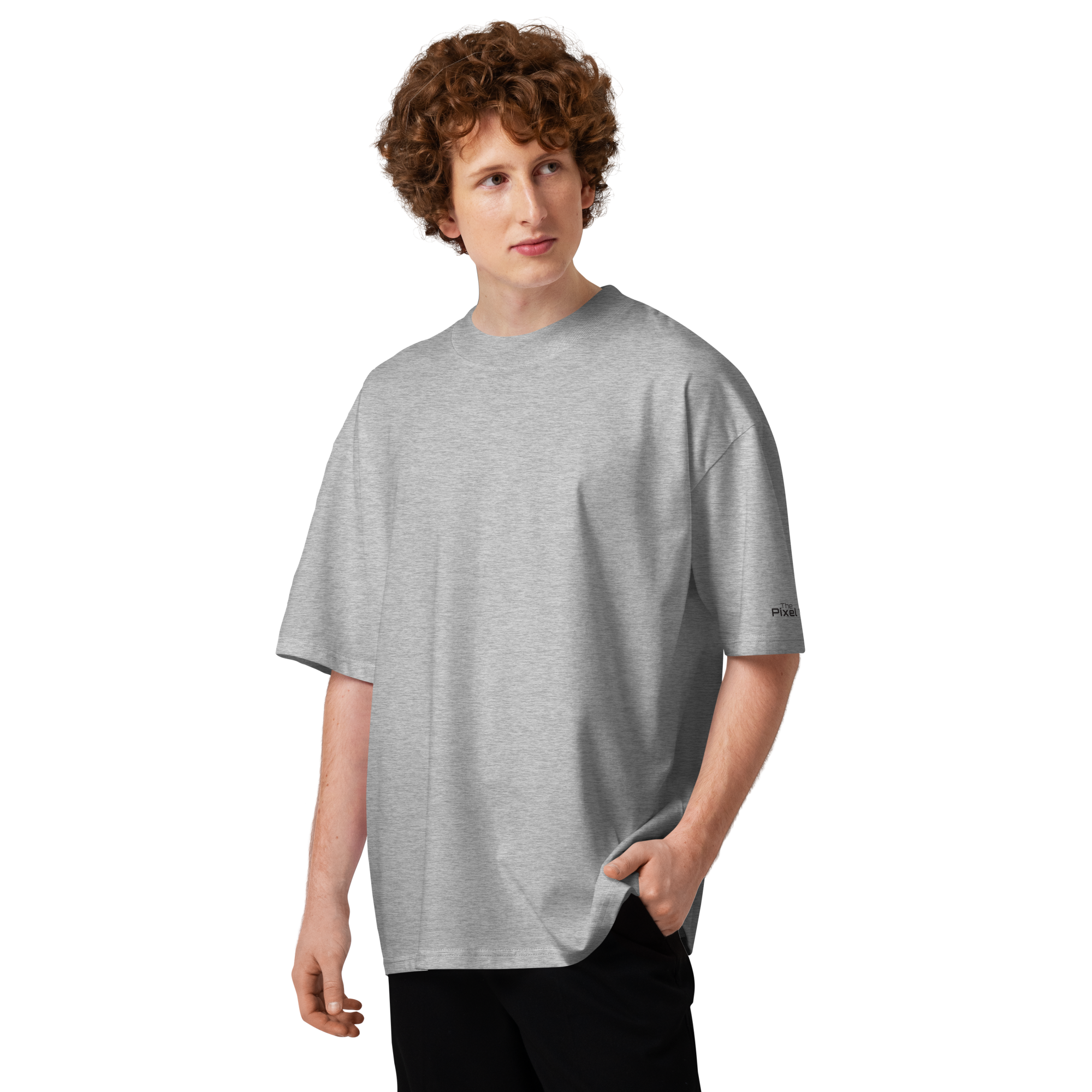 Heather Grey oversized organic high neck t-shirt lifestyle front view worn by model – The Pixel Wolf