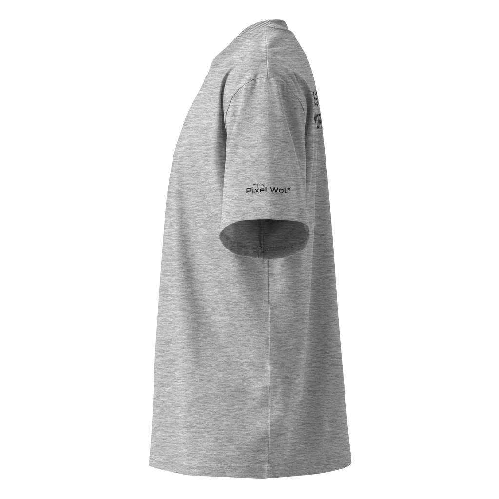 Heather Grey oversized organic high neck t-shirt left side view with sleeve logo detail – The Pixel Wolf