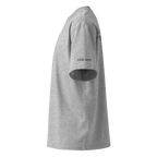Heather Grey oversized organic high neck t-shirt left side view with sleeve logo detail – The Pixel Wolf