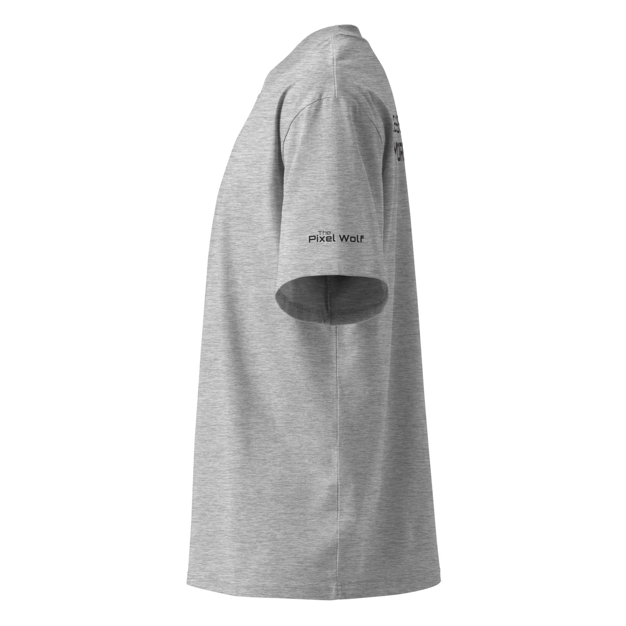 Heather Grey oversized organic high neck t-shirt left side view with sleeve logo detail – The Pixel Wolf