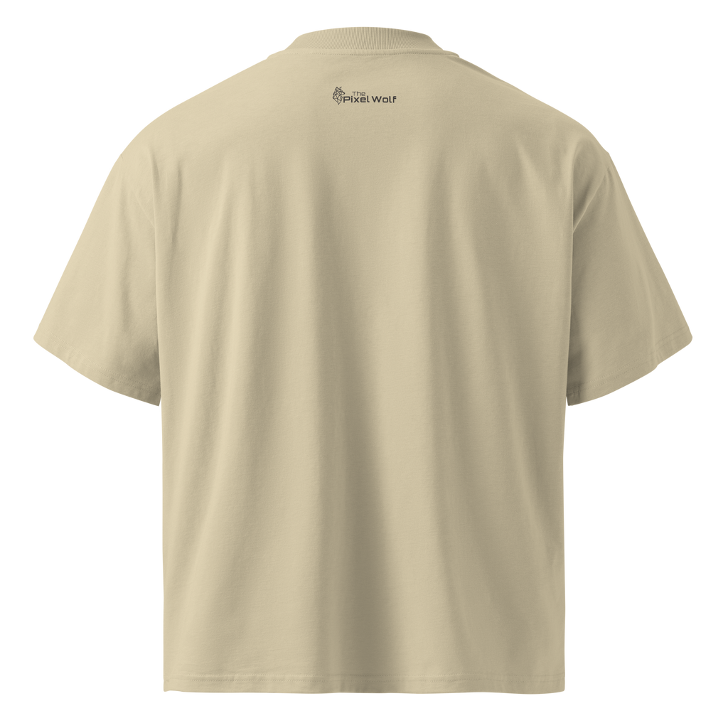 Stone oversized organic high neck t-shirt back view with The Pixel Wolf logo