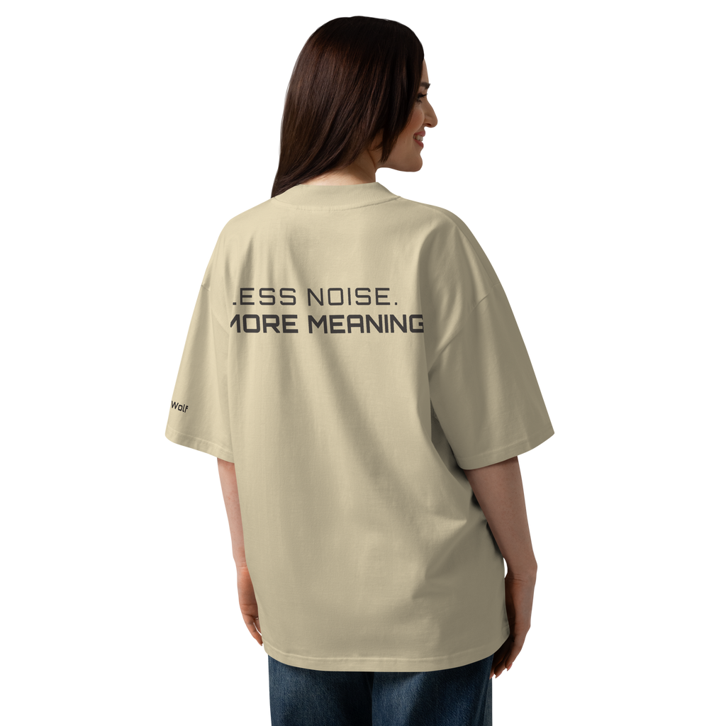 Stone oversized organic high neck t-shirt lifestyle back view worn by model – The Pixel Wolf