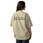 Stone oversized organic high neck t-shirt lifestyle back view worn by model – The Pixel Wolf