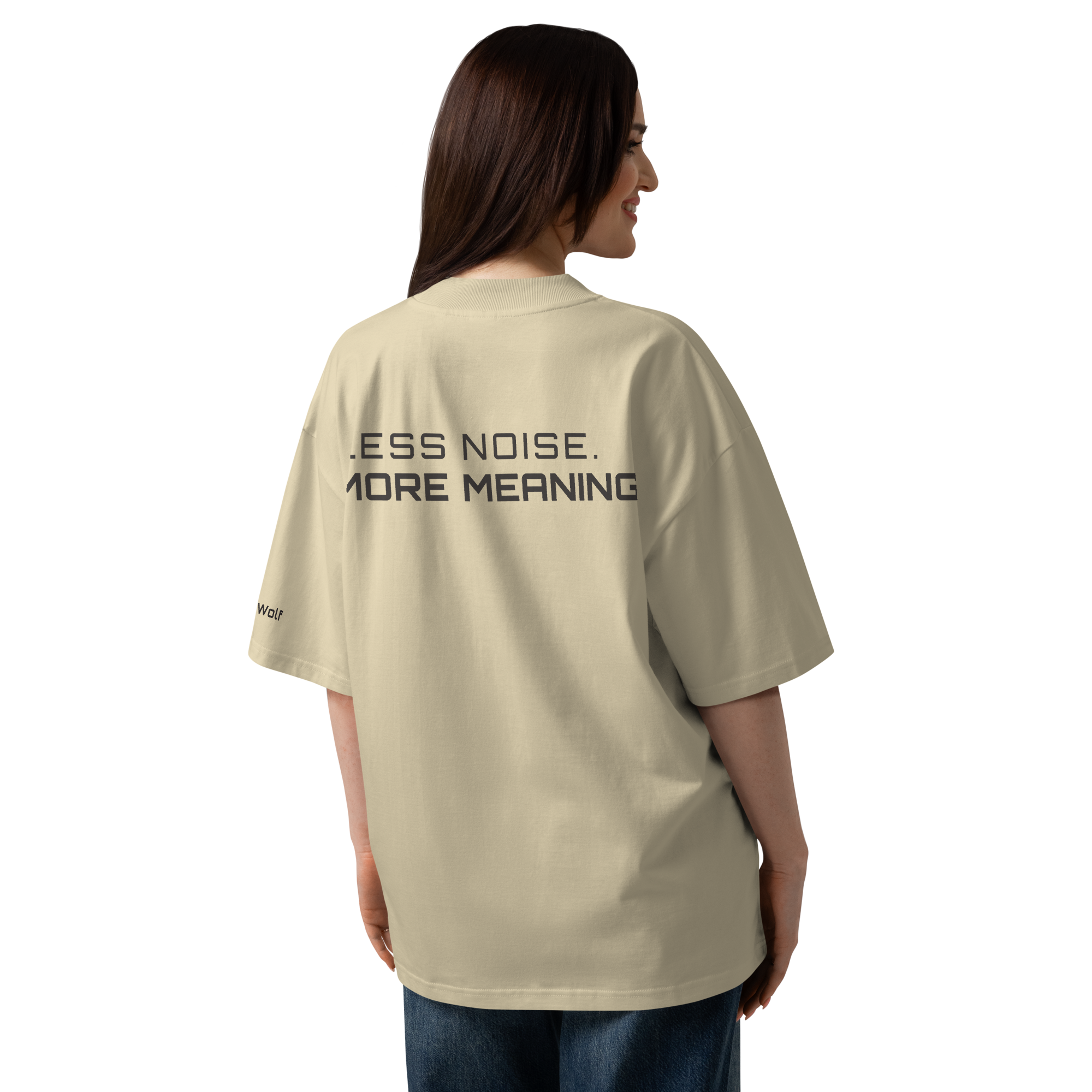 Stone oversized organic high neck t-shirt lifestyle back view worn by model – The Pixel Wolf