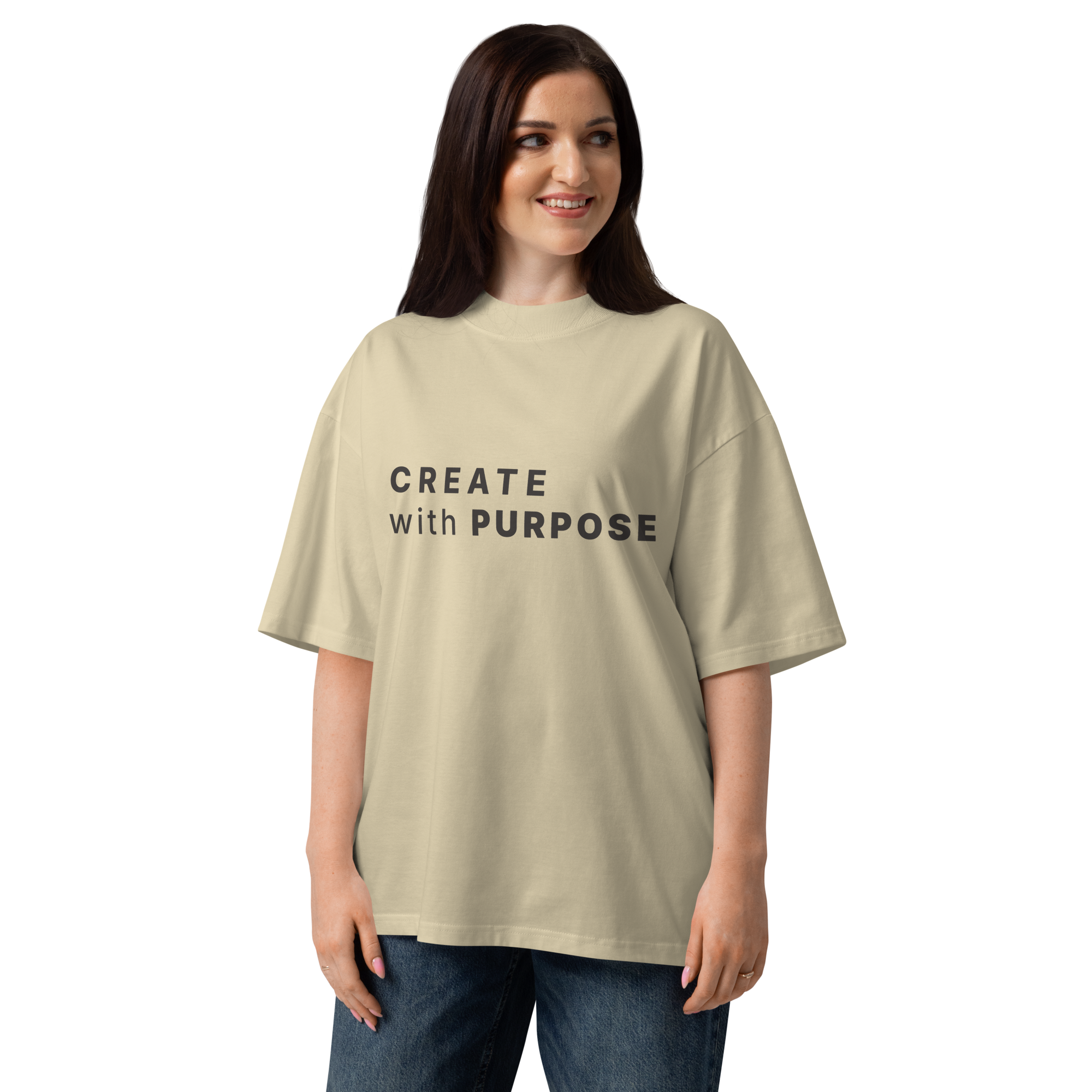 Stone oversized organic high neck t-shirt lifestyle woman wearing CREATE WITH PURPOSE