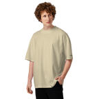 Stone oversized organic high neck t-shirt lifestyle front view worn by model – The Pixel Wolf