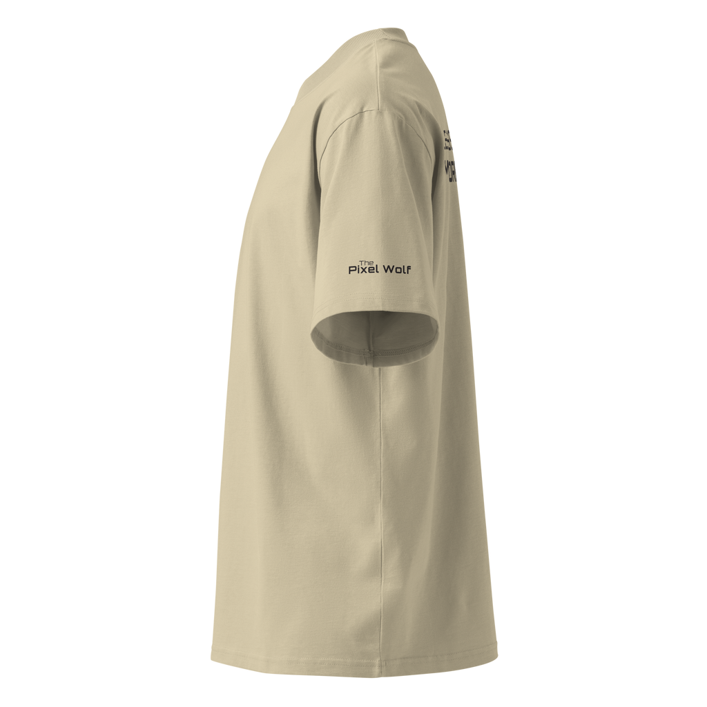 Stone oversized organic high neck t-shirt left side view with sleeve logo detail – The Pixel Wolf