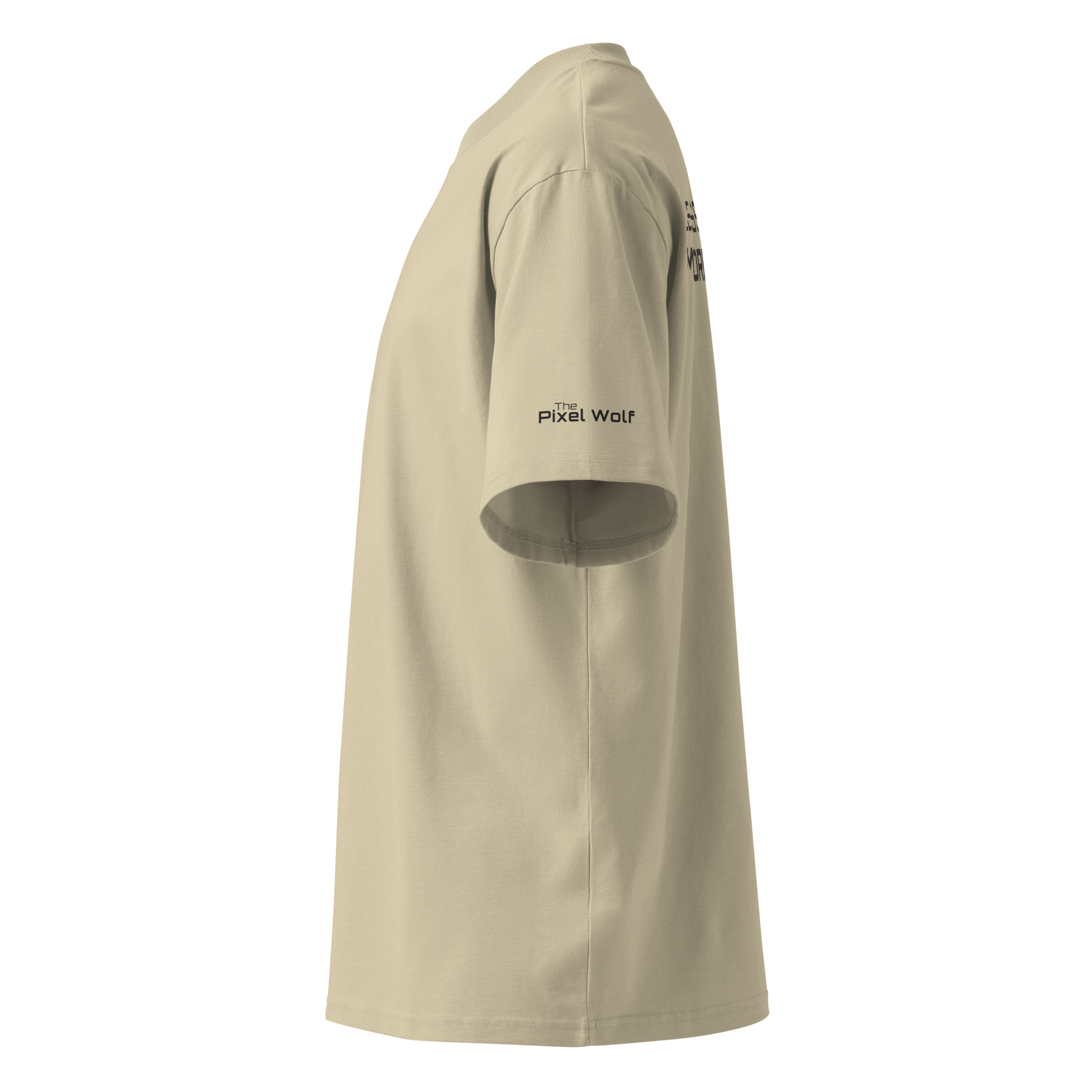 Stone oversized organic high neck t-shirt left side view with sleeve logo detail – The Pixel Wolf