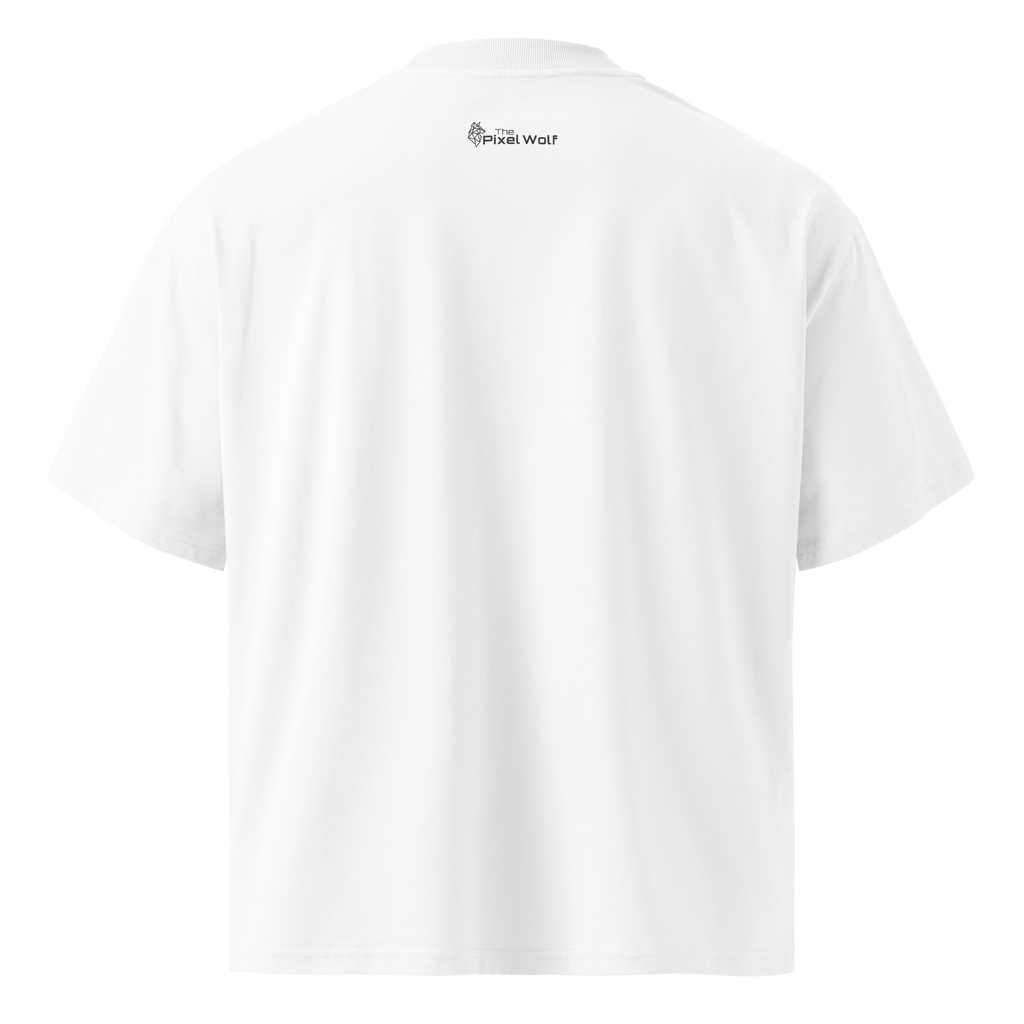 White oversized organic high neck t-shirt back view with The Pixel Wolf logo