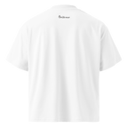 White oversized organic high neck t-shirt back view with The Pixel Wolf logo