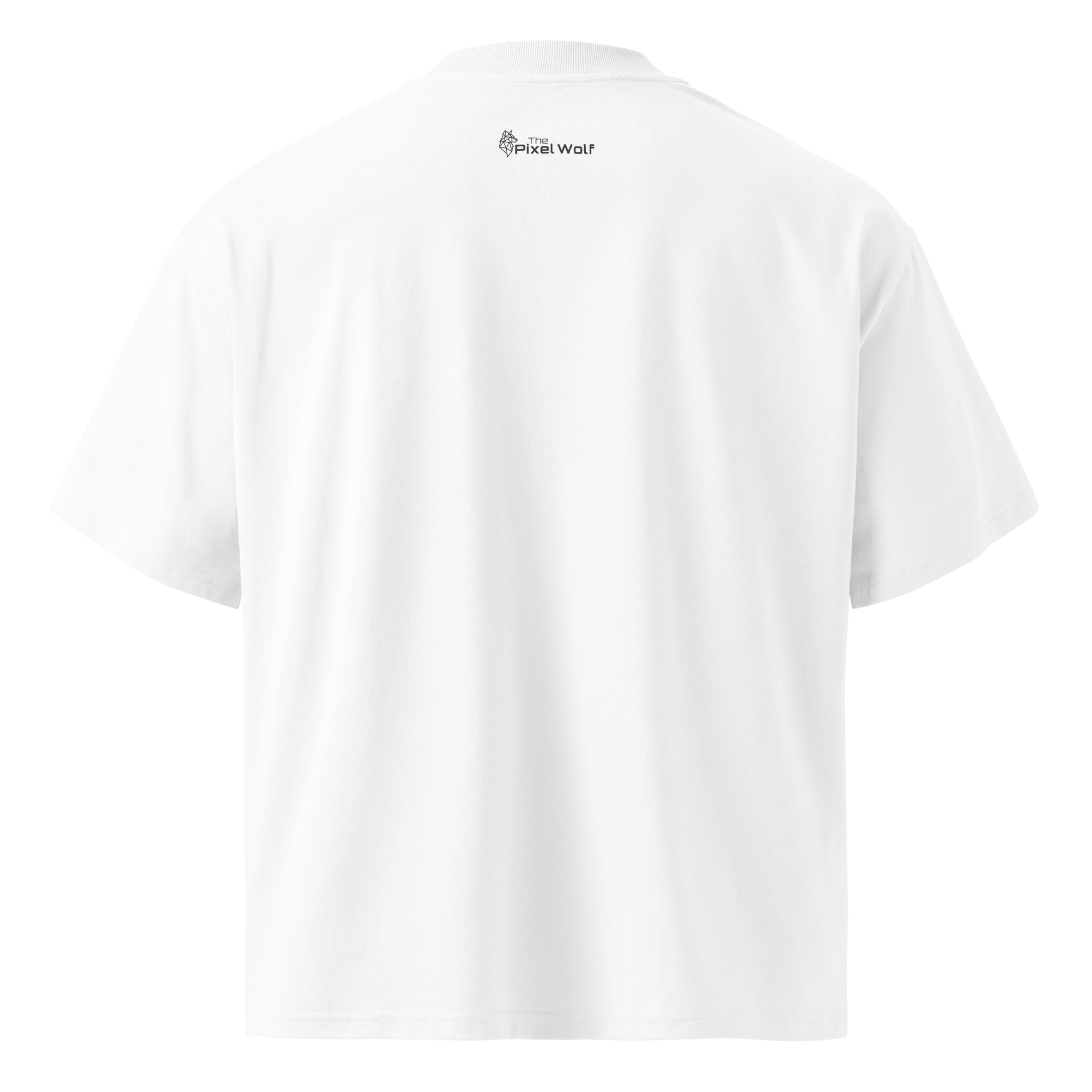 White oversized organic high neck t-shirt back view with The Pixel Wolf logo