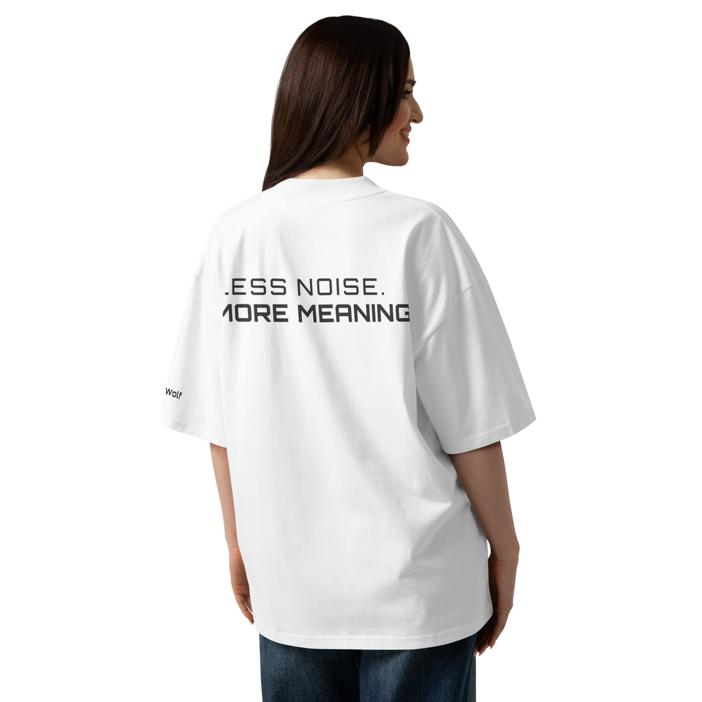 White oversized organic high neck t-shirt lifestyle back view worn by model – The Pixel Wolf