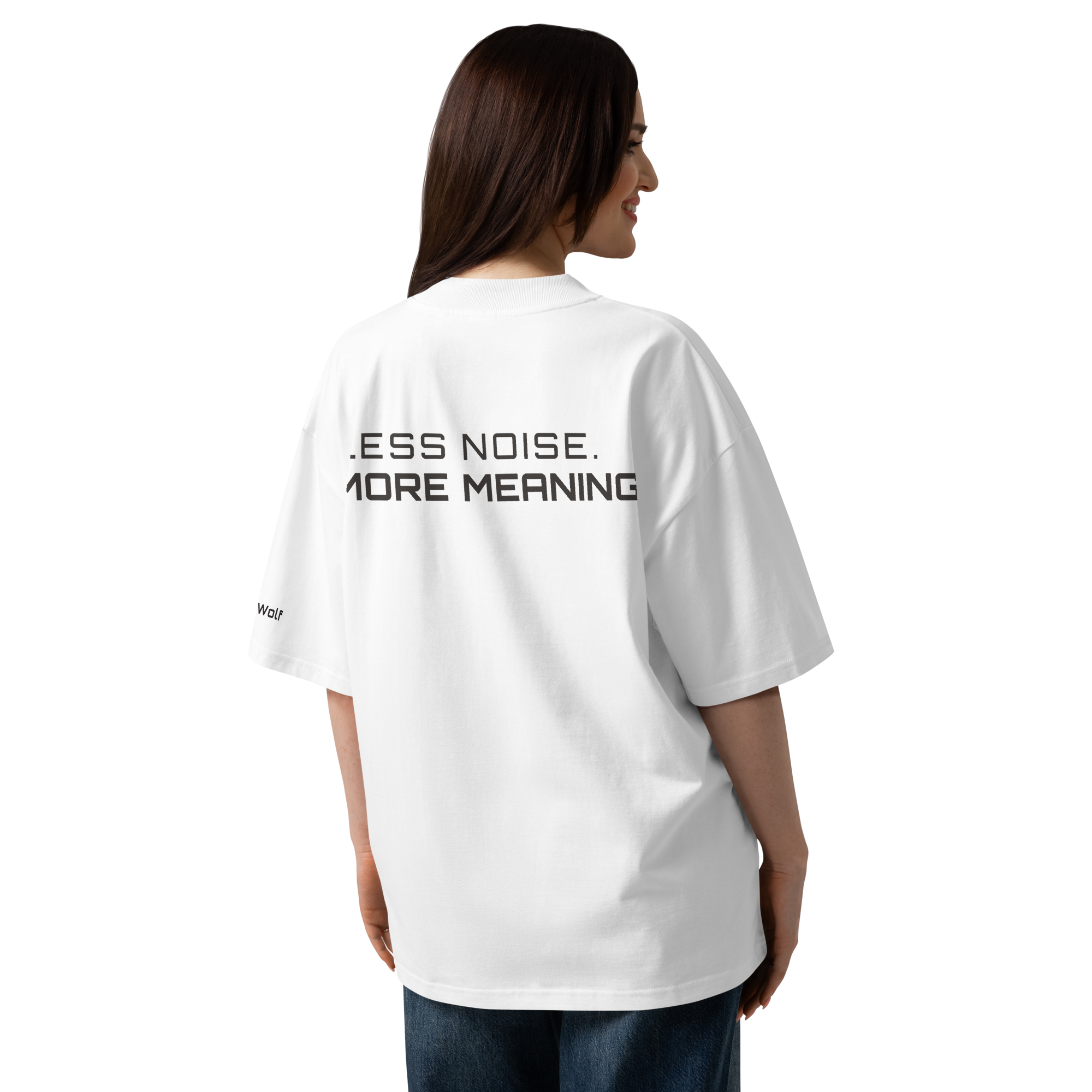 White oversized organic high neck t-shirt lifestyle back view worn by model – The Pixel Wolf