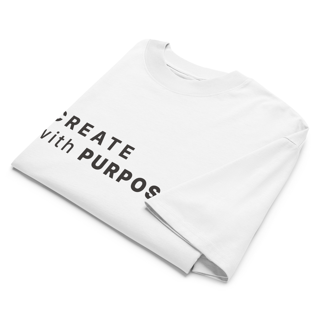 White oversized organic high neck t-shirt detail view of print and collar