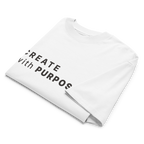 White oversized organic high neck t-shirt detail view of print and collar