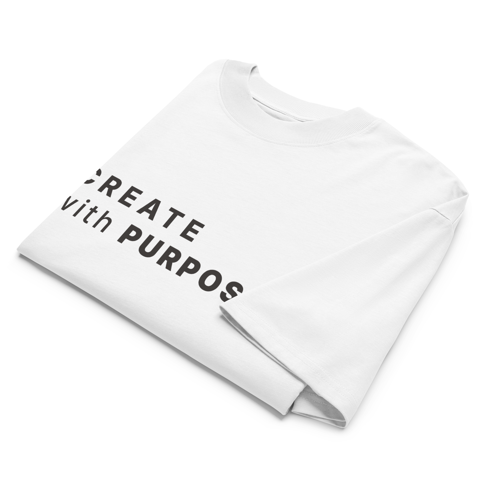 White oversized organic high neck t-shirt detail view of print and collar
