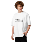 White oversized organic high neck t-shirt lifestyle man wearing CREATE WITH PURPOSE