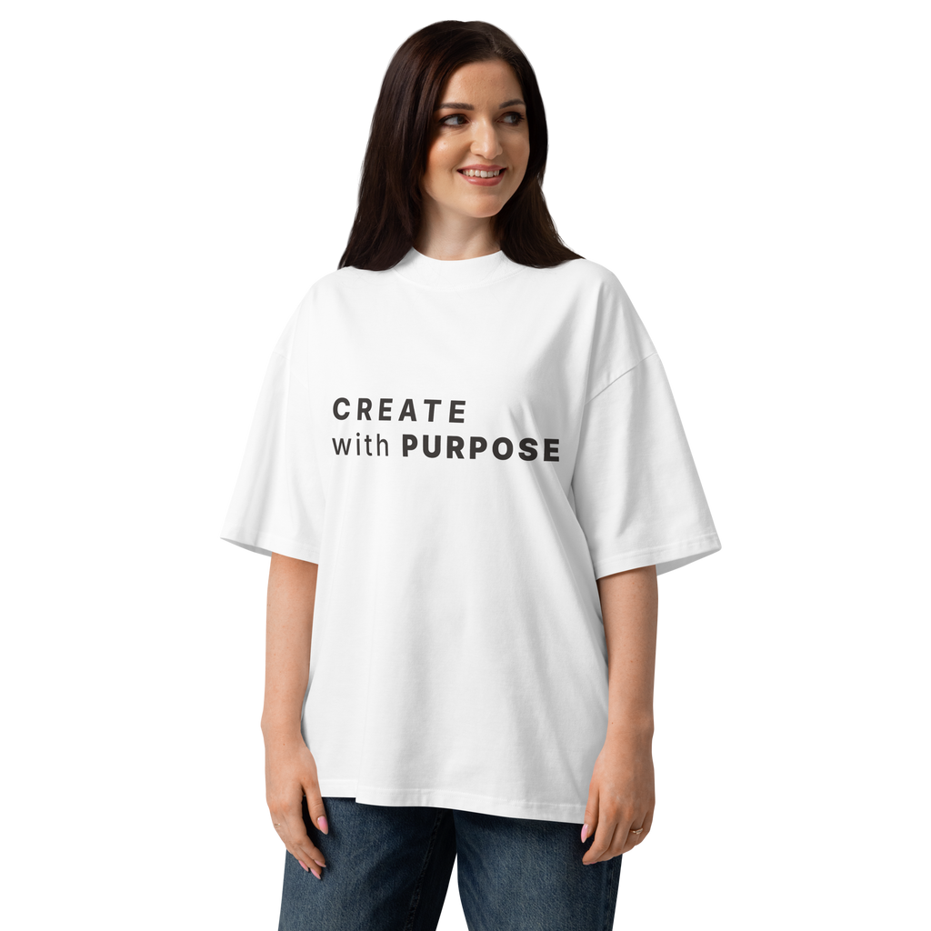 White oversized organic high neck t-shirt lifestyle woman wearing CREATE WITH PURPOSE