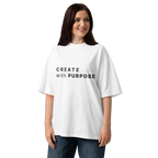 White oversized organic high neck t-shirt lifestyle woman wearing CREATE WITH PURPOSE