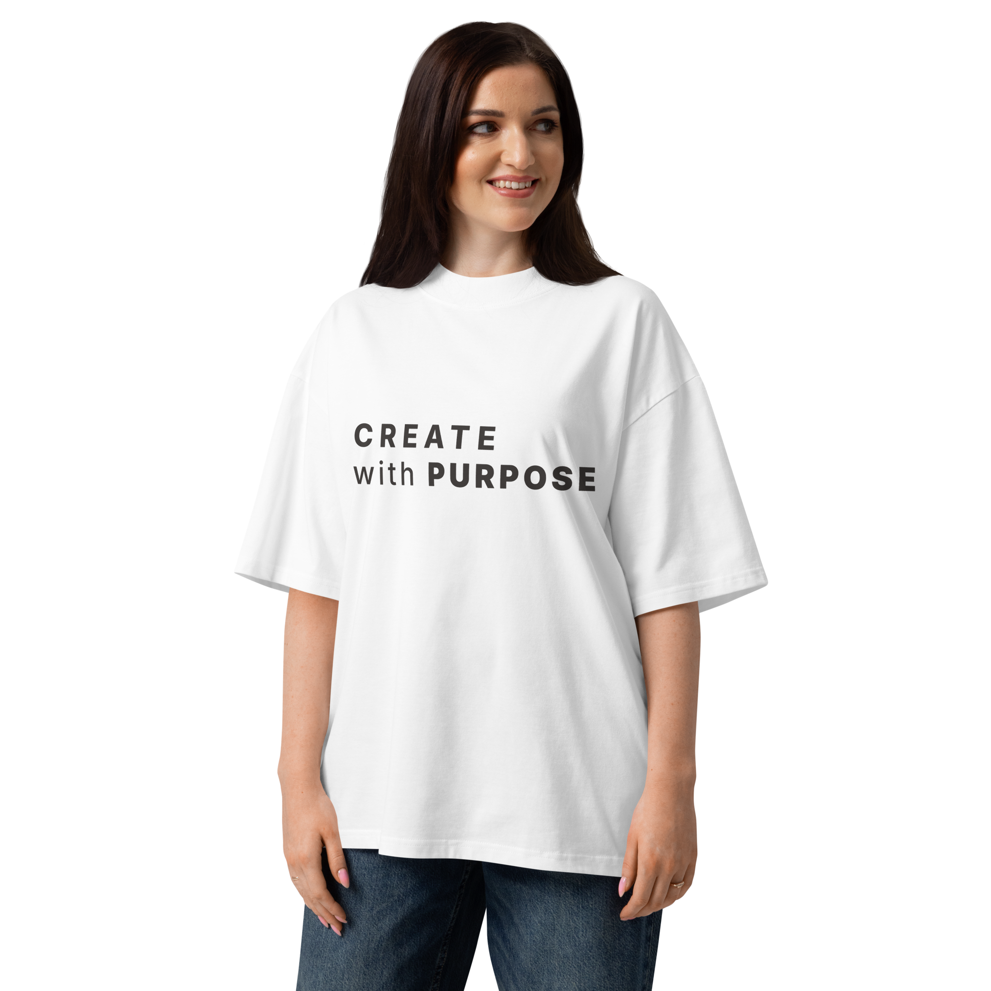 White oversized organic high neck t-shirt lifestyle woman wearing CREATE WITH PURPOSE