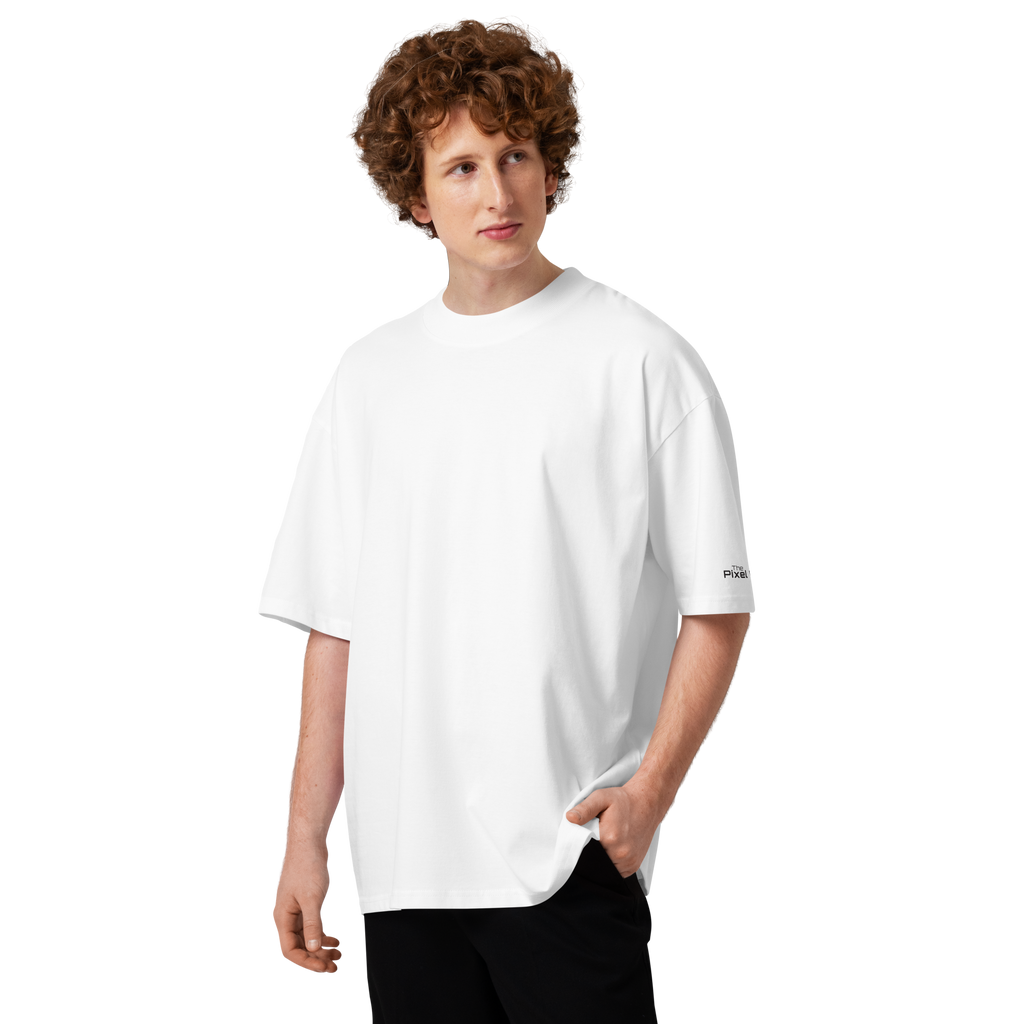 White oversized organic high neck t-shirt lifestyle front view worn by model – The Pixel Wolf