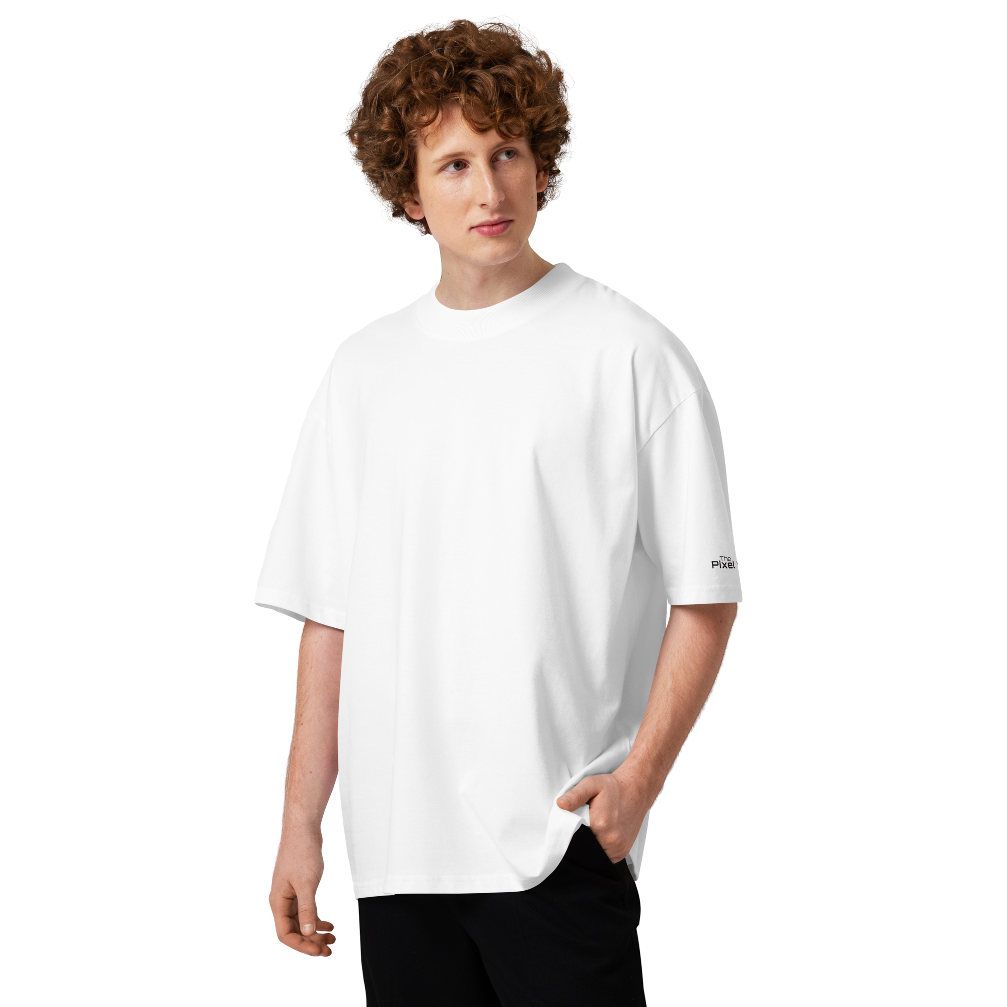 White oversized organic high neck t-shirt lifestyle front view worn by model – The Pixel Wolf